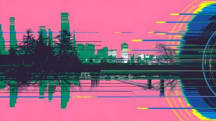 Glitch art with distorted cityscape and vibrant circular patterns