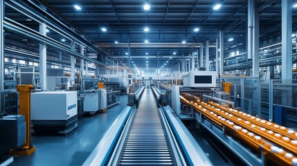 Poster - industrial conveyor system transporting products in a modern manufacturing facility during daylight 