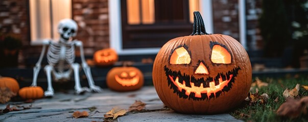 Sticker - Halloween pumpkin grinning on a doorstep at night with a skeleton and other pumpkins in the background