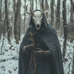 Shaman in deer animal skull in black cloak in snowy forest. Mystical occult ritual. Pagan Christmas, Winter solstice, New Year celebration. Scandinavian culture. Yule tradition.