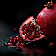 A close-up of a freshly sliced pomegranate, showcasing juicy red seeds and droplets of water, ideal for food-related projects, health articles, or vibrant recipe illustrations,