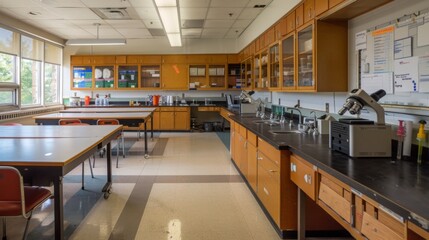 A sterile science lab with tables and chairs devoid of any activity or experiments.