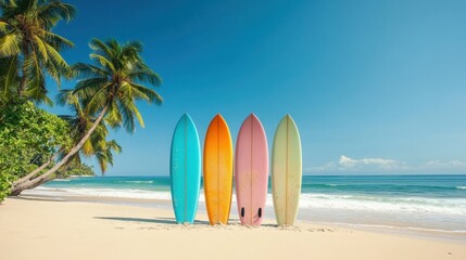 Colorful surfboards standing upright on a sandy beach beautiful sea and palm trees in the background clear sky. Simple and vibrant summer scene.