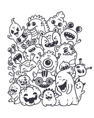 Wall Mural - set of funny cartoon monsters. poster in doodle style. halloween coloring book with a monster. black