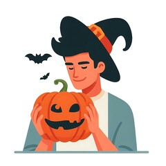 Flat-style illustration of a man joyfully holding a Halloween pumpkin. Perfect for Halloween-themed content, festive decorations, and seasonal designs. Simple and cheerful composition