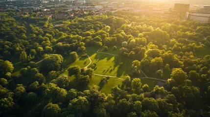 Wall Mural - aerial view of a lush green park at sunset with winding paths and shadows cast by towering trees in 