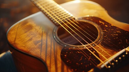 Classic wooden acoustic guitar close-up