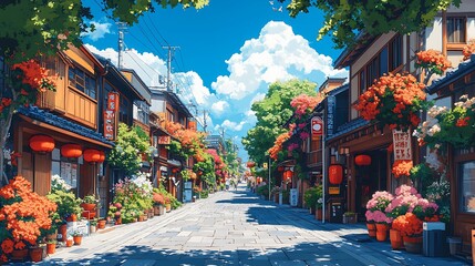 Canvas Print - Anime style illustration of a traditional Japanese street with flowers, lanterns, and buildings under a bright blue sky.