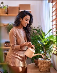 Wall Mural - beautiful young woman watering the houseplants, AI generated