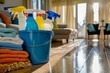 © Vera - Household Cleaning Supplies Kept in a Blue Bucket on Wood Flooring