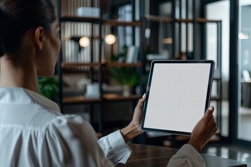 Poster - Woman showcases digital tablet with blank screen on tabletop