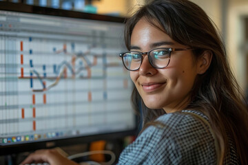 Poster - Thirty-something woman with long brown hair and glasses happily working on digital project schedule with gantt charts on computer