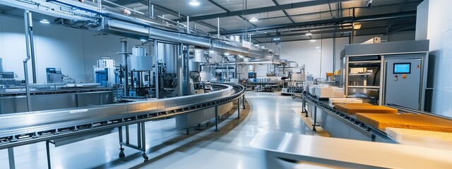 Poster - modern manufacturing facility showcasing advanced machinery and conveyor systems in a well-lit produ