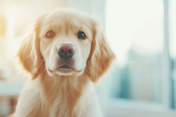 A sweet Golden Retriever puppy looking directly at the camera with soft lighting. Ideal for pet-themed projects