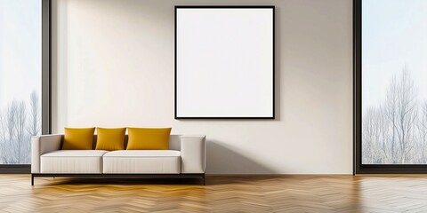 Wall Mural - A modern living room showcases a white sofa with yellow cushions, beneath a large empty canvas in a spacious setting, accentuated by large glass windows offering natural light.