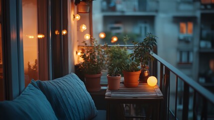 Sticker - a balcony with potted plants and lights