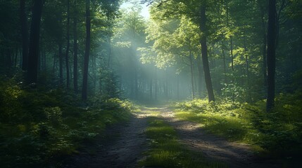 Wall Mural - a dirt road in the middle of a forest with sunbeams shining through the trees