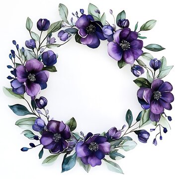 Delicate purple floral wreath paired with soft greenery in a lovely illustration image