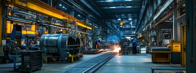 Poster - Workers engaged in metal fabrication and welding in an industrial workshop during the evening hours