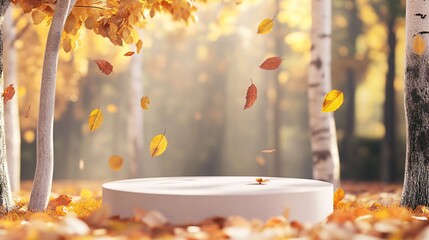 Wall Mural - Autumn forest with falling leaves and an empty round podium for product presentation