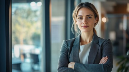 A portrait of a successful businesswoman standing confidently in her office with arms crossed, soft natural light,   ideal for themes of leadership, professionalism, and empowerment.