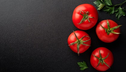 Pile of fresh tomatoes on a black surface, top view with space for copying text 