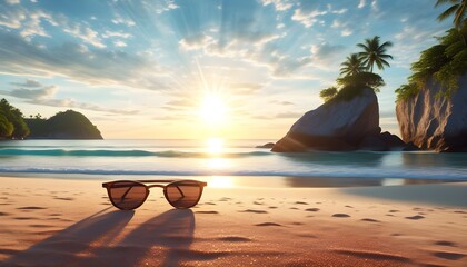 Wall Mural - chic sunglasses resting on sandy beach with ocean waves and sunny skies in the background