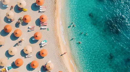 Poster - Aerial view of sandy beach with colorful umbrellas and people enjoying the clear water on a sunny day