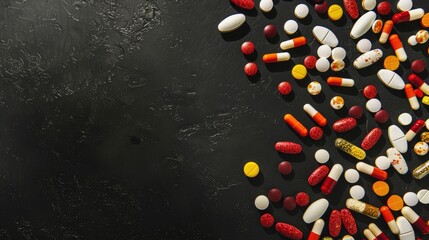 Colorful medicine tablets antibiotic pills on soft black background