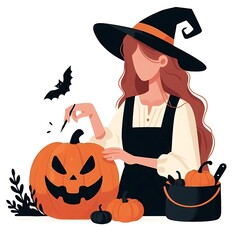 Flat-style illustration of a woman joyfully holding a Halloween pumpkin. Perfect for Halloween-themed content, festive decorations, and seasonal designs. Simple and cheerful composition