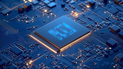 Brightly glowing AI chip on light circuit board on technology blue background. CPU processor or semiconductor on tech bg. Computer microchip on motherboard.