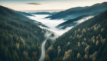 Canvas Print - winding road through vibrant autumn forest from above