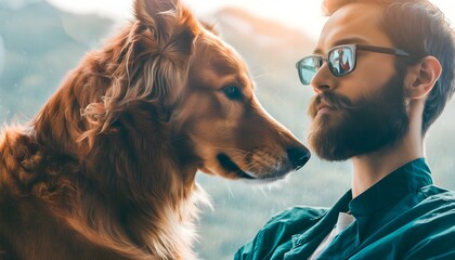 Wall Mural - adventurous man and loyal dog scaling a majestic mountain together