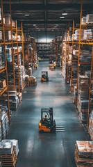 Poster - forklifts maneuvering through a busy warehouse filled with stacked pallets during the daytime in an 