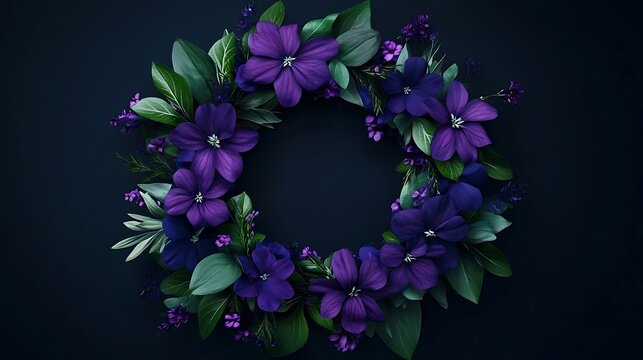 Illustration of a purple floral wreath framed with lush greenery accents image