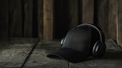 A black baseball cap and headphones lie on a rustic wooden surface.