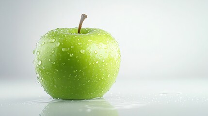 Wall Mural - A fresh green apple covered in water droplets sits on a white surface.