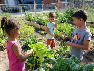 children excitedly discovering different vegetables in a community garden