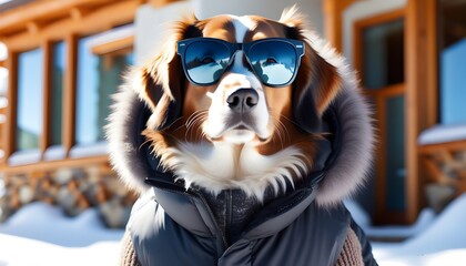 Wall Mural - Cool canine in sunglasses and jacket poses confidently in a snowy landscape