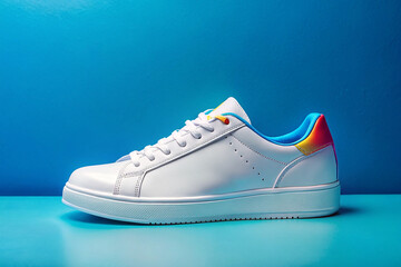 White sneaker with colored accents on blue background, Fashionable  shoe