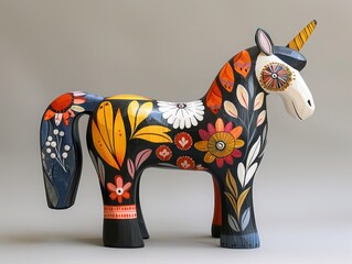 Wall Mural - Vibrant Hand-Painted Scandinavian Dala Horse. Traditional Folk Art with Colorful Floral Patterns, Celebrating Swedish Heritage and Culture