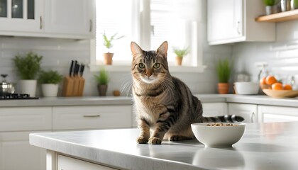 Wall Mural - Curious tabby cat in the kitchen, captivated by something beyond the bowl of food on the counter