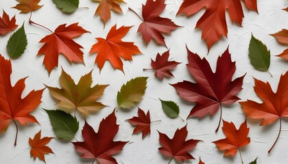 Wall Mural - Autumnal leaves in vibrant red, green, and purple encircle a rustic wooden surface, showcasing natures seasonal beauty