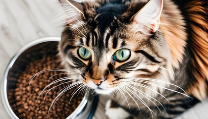 Wall Mural - Intense gaze of a brown tabby cat with green eyes fixated on a bowl of kibble, capturing the essence of anticipation and hunger