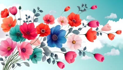 Wall Mural - Vibrant balloons and confetti dance in a bright blue sky adorned with fluffy white clouds