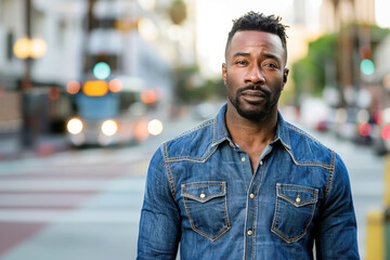 Urban Confidence: Portrait of a Stylish Black Man in Denim. A portrait of a confident Black man wearing a denim shirt on an urban street.
