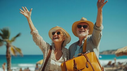 joyful senior couple enjoying a sunny beach day, embracing life with smiles and carefree waves in th