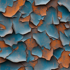 Close-up of peeling blue and orange paint on a weathered surface.