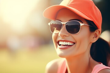 Smiling woman wearing sunglasses and a cap enjoys a sunny day outdoors at the park