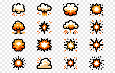 Set of vector explosions png. Explosion of different shapes on an isolated transparent background. Explosion, smoke cloud png. Explosion in cartoon style.